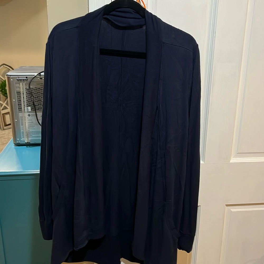 Athleta Women L Pranayama Restore Wrap Cardigan Sweater Duster Open Front Navy